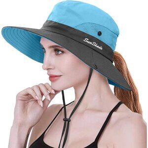 Women's Blue Polyester Wide Brim Mesh Boonie Uv Protection Chin Strap Cowboy Hat
